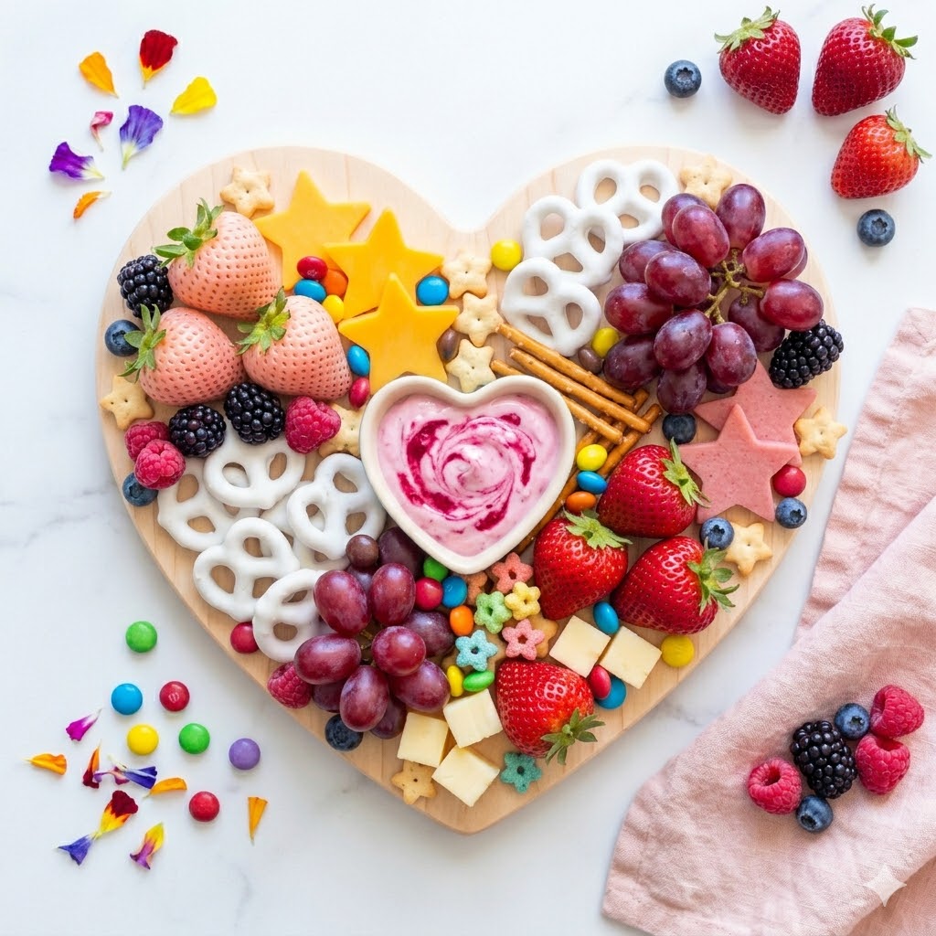 Kids-Friendly Heart-Shaped Charcuterie Board Idea